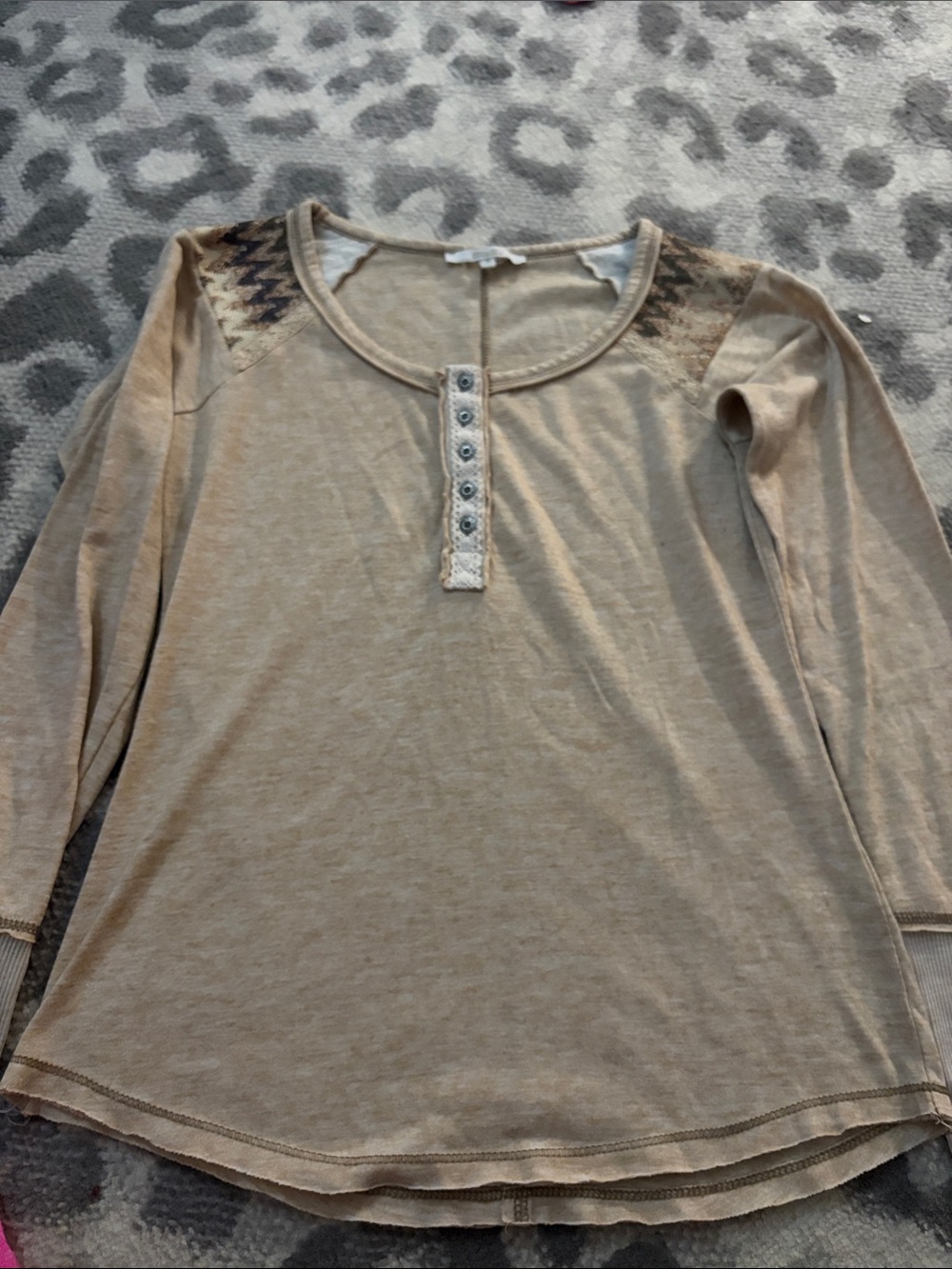 Miss Me Beige Long Sleeve Henley Top with Embroidered Shoulders
